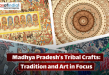 Madhya Pradesh’s Tribal Crafts: Tradition and Art in Focus A collage showcasing traditional tribal artwork from Madhya Pradesh, including vibrant wall paintings, intricate mandala designs, and colorful folk art patterns.