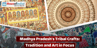 Madhya Pradesh’s Tribal Crafts: Tradition and Art in Focus A collage showcasing traditional tribal artwork from Madhya Pradesh, including vibrant wall paintings, intricate mandala designs, and colorful folk art patterns.