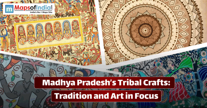 A collage showcasing traditional tribal artwork from Madhya Pradesh, including vibrant wall paintings, intricate mandala designs, and colorful folk art patterns.