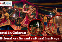 Navratri in Gujarat: Traditional Crafts and Cultural Heritage Women dressed in vibrant traditional attire performing Garba during Navratri celebrations in Gujarat, surrounded by colorful decorations and festive lights.