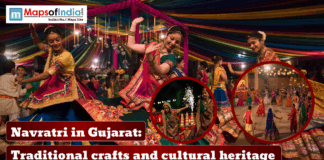 Navratri in Gujarat: Traditional Crafts and Cultural Heritage Women dressed in vibrant traditional attire performing Garba during Navratri celebrations in Gujarat, surrounded by colorful decorations and festive lights.