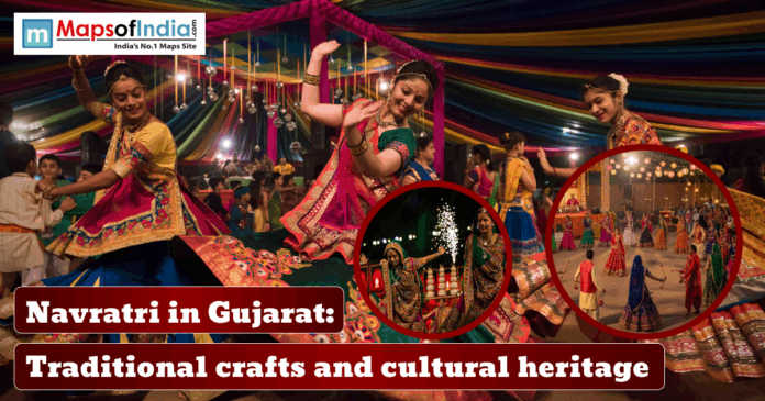Women dressed in vibrant traditional attire performing Garba during Navratri celebrations in Gujarat, surrounded by colorful decorations and festive lights.