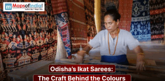 Odisha’s Ikat Sarees: The Craft Behind the Colours A woman artisan is weaving on a traditional handloom surrounded by vibrant, intricately patterned Odisha Ikat fabrics displayed on the walls, showcasing the rich colours and craftsmanship of the region.