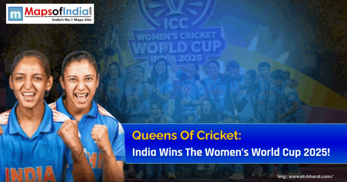 India women’s cricket team celebrating victory after winning the ICC Women’s World Cup 2025, with players cheering and holding the trophy under golden confetti.