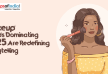 Makeup Trends Dominating 2025 Illustration of a woman applying blush makeup with a brush, representing 2025 makeup trends and beauty storytelling, with Maps of India branding.