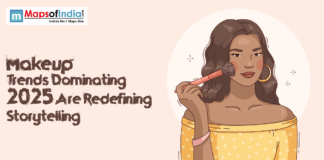 Makeup Trends Dominating 2025 Illustration of a woman applying blush makeup with a brush, representing 2025 makeup trends and beauty storytelling, with Maps of India branding.