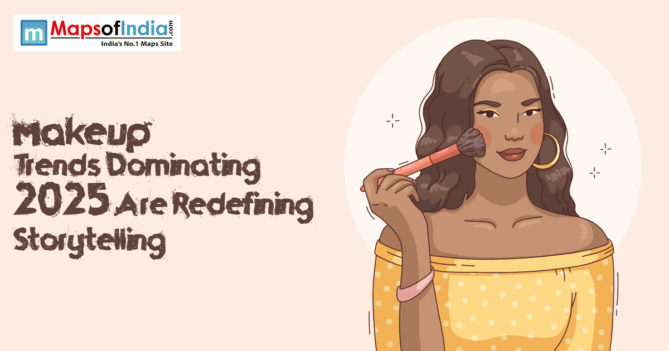 Illustration of a woman applying blush makeup with a brush, representing 2025 makeup trends and beauty storytelling, with Maps of India branding.