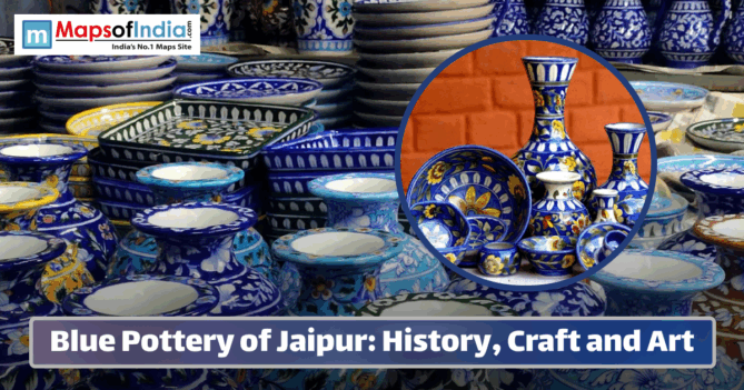 A vibrant display of Jaipur blue pottery featuring intricately hand-painted bowls, plates, and vases in shades of blue, white, and yellow, showcasing traditional Rajasthani craftsmanship.