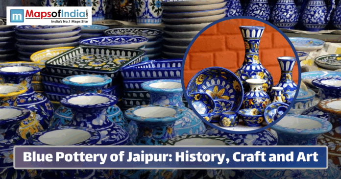 A vibrant display of Jaipur blue pottery featuring intricately hand-painted bowls, plates, and vases in shades of blue, white, and yellow, showcasing traditional Rajasthani craftsmanship.