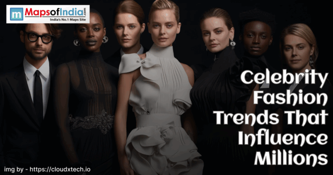 Models in elegant black and white outfits posing against a dark background with the text “Celebrity Fashion Trends That Influence Millions.”
