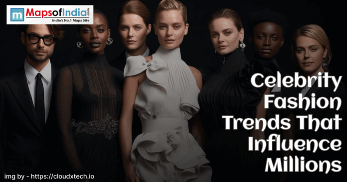 Models in elegant black and white outfits posing against a dark background with the text “Celebrity Fashion Trends That Influence Millions.”