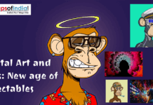 Digital Art and NFTs: New Age of Collectables Digital artwork collage featuring illustrated NFT-style ape characters and modern digital art visuals, representing the theme “Digital Art and NFTs: New Age of Collectables” with the Maps of India logo.