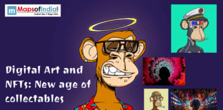 Digital Art and NFTs: New Age of Collectables Digital artwork collage featuring illustrated NFT-style ape characters and modern digital art visuals, representing the theme “Digital Art and NFTs: New Age of Collectables” with the Maps of India logo.