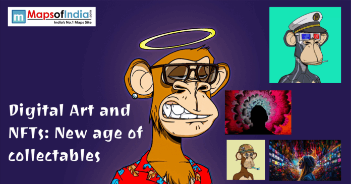 digital art Digital artwork collage featuring illustrated NFT-style ape characters and modern digital art visuals, representing the theme “Digital Art and NFTs: New Age of Collectables” with the Maps of India logo.