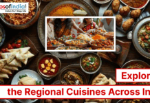 Exploring the Regional Cuisine Across India An assortment of Indian regional dishes with a central image of people serving food, titled “Exploring the Regional Cuisines Across India” with the Maps of India logo.
