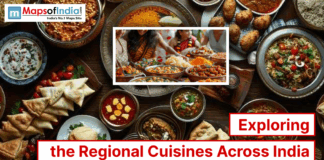 Exploring the Regional Cuisine Across India An assortment of Indian regional dishes with a central image of people serving food, titled “Exploring the Regional Cuisines Across India” with the Maps of India logo.