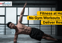 Fitness at Home No Gym Workouts That Deliver Results A fit man performing a side plank workout in a modern indoor gym setting, showcasing home-friendly no-gym fitness exercises, with the text “Fitness at Home: No Gym Workouts That Deliver Results”