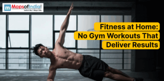 Fitness at Home No Gym Workouts That Deliver Results A fit man performing a side plank workout in a modern indoor gym setting, showcasing home-friendly no-gym fitness exercises, with the text “Fitness at Home: No Gym Workouts That Deliver Results”