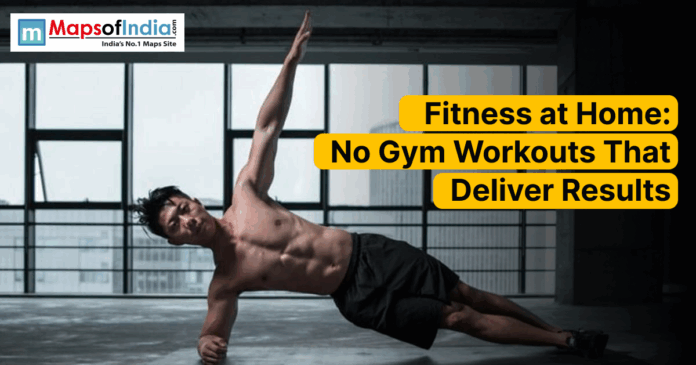 A fit man performing a side plank workout in a modern indoor gym setting, showcasing home-friendly no-gym fitness exercises, with the text “Fitness at Home: No Gym Workouts That Deliver Results”