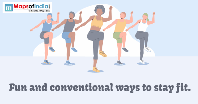 fun and conventional Illustration of a diverse group of people exercising together outdoors, performing fitness moves in unison, representing fun and conventional ways to stay fit.