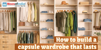 How to Make a Lasting Capsule Wardrobe Neatly organized capsule wardrobe with neutral and green clothing, hats, and shoes arranged on open wooden shelves, promoting a minimalist fashion style.