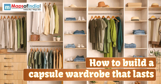 Neatly organized capsule wardrobe with neutral and green clothing, hats, and shoes arranged on open wooden shelves, promoting a minimalist fashion style.