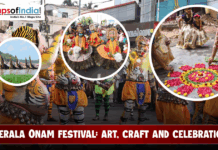 Kerala Onam Festival: Art, Craft and Celebration A collage showing Kerala’s Onam celebrations, featuring Pulikali performers, boat races, traditional dancers, and women creating a floral rangoli, with the Maps of India logo.