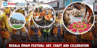 Kerala Onam Festival: Art, Craft and Celebration A collage showing Kerala’s Onam celebrations, featuring Pulikali performers, boat races, traditional dancers, and women creating a floral rangoli, with the Maps of India logo.