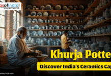Khurja Pottery: Discover India’s Ceramics Capital A potter works on a clay piece inside a traditional ceramics workshop filled with shelves of handcrafted blue and white pottery in Khurja, India.