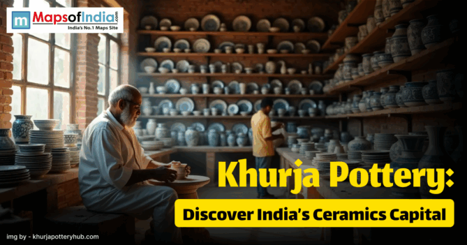 A potter works on a clay piece inside a traditional ceramics workshop filled with shelves of handcrafted blue and white pottery in Khurja, India.