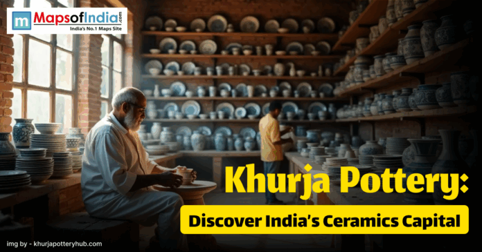 A potter works on a clay piece inside a traditional ceramics workshop filled with shelves of handcrafted blue and white pottery in Khurja, India.