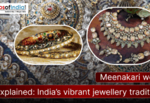 Meenakari Work Explained: India’s Vibrant Jewellery Tradition A detailed collage showcasing traditional Meenakari jewellery, including ornate bangles and an intricate gold necklace set with enamel work, displayed over a rich decorative background. The image features the Maps of India logo and the text “Meenakari work explained: India’s vibrant jewellery tradition.”