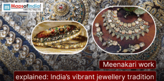Meenakari Work Explained: India’s Vibrant Jewellery Tradition A detailed collage showcasing traditional Meenakari jewellery, including ornate bangles and an intricate gold necklace set with enamel work, displayed over a rich decorative background. The image features the Maps of India logo and the text “Meenakari work explained: India’s vibrant jewellery tradition.”
