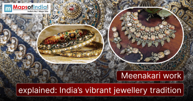 A detailed collage showcasing traditional Meenakari jewellery, including ornate bangles and an intricate gold necklace set with enamel work, displayed over a rich decorative background. The image features the Maps of India logo and the text “Meenakari work explained: India’s vibrant jewellery tradition.”