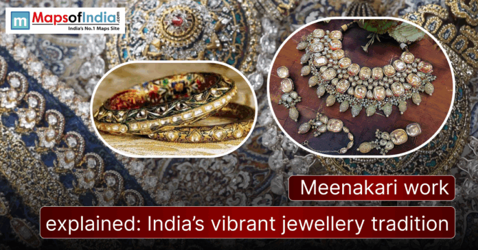 A detailed collage showcasing traditional Meenakari jewellery, including ornate bangles and an intricate gold necklace set with enamel work, displayed over a rich decorative background. The image features the Maps of India logo and the text “Meenakari work explained: India’s vibrant jewellery tradition.”