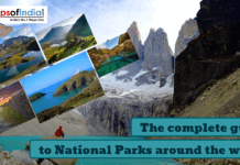 The Complete Guide to National Parks Around the World A collage of stunning global national park landscapes placed over a dramatic mountain and glacier backdrop, with the Maps of India logo and the title “The complete guide to National Parks around the world.”