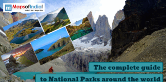 The Complete Guide to National Parks Around the World A collage of stunning global national park landscapes placed over a dramatic mountain and glacier backdrop, with the Maps of India logo and the title “The complete guide to National Parks around the world.”