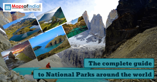 A collage of stunning global national park landscapes placed over a dramatic mountain and glacier backdrop, with the Maps of India logo and the title “The complete guide to National Parks around the world.”