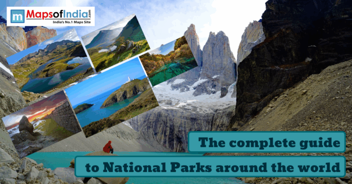A collage of stunning global national park landscapes placed over a dramatic mountain and glacier backdrop, with the Maps of India logo and the title “The complete guide to National Parks around the world.”