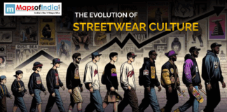 The Evolution of Streetwear Culture Illustration showing the evolution of streetwear culture with people dressed in various streetwear styles walking in a line, symbolizing fashion’s rise over time. The background features urban art and posters, with a graph arrow pointing upward.