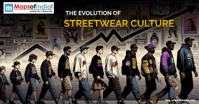 Illustration showing the evolution of streetwear culture with people dressed in various streetwear styles walking in a line, symbolizing fashion’s rise over time. The background features urban art and posters, with a graph arrow pointing upward.