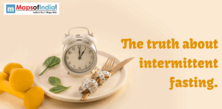 The Truth About Intermittent Fasting An image showing a clock placed on a plate with a fork, knife, and measuring tape, symbolizing intermittent fasting.