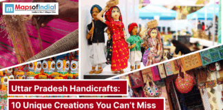 Uttar Pradesh Handicrafts: 10 Unique Creations You Can’t Miss A vibrant collage of Uttar Pradesh handicrafts featuring textiles, wooden toys, puppets, and embroidered bags with the Maps of India logo.