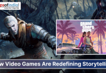 How Video Games Are Revolutionizing Storytelling Collage of popular video games featuring a warrior from The Witcher battling monsters and a Grand Theft Auto VI promotional artwork with two characters and a car, highlighting how video games are redefining storytelling.
