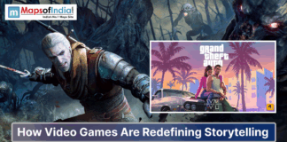 How Video Games Are Revolutionizing Storytelling Collage of popular video games featuring a warrior from The Witcher battling monsters and a Grand Theft Auto VI promotional artwork with two characters and a car, highlighting how video games are redefining storytelling.