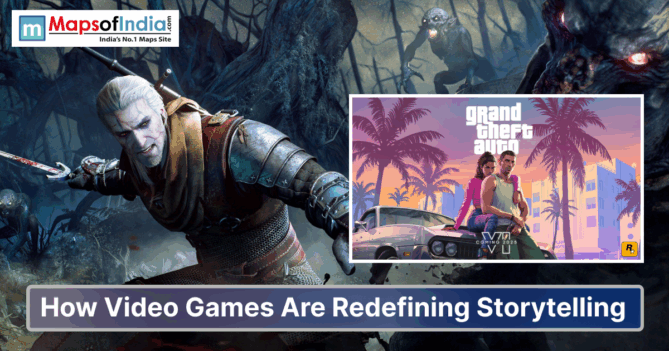 Collage of popular video games featuring a warrior from The Witcher battling monsters and a Grand Theft Auto VI promotional artwork with two characters and a car, highlighting how video games are redefining storytelling.