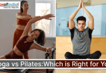 Yoga vs Pilates: Which is Right for You A split-image showing a woman practicing Pilates with an instructor on the left and a man performing a seated yoga pose on the right, with the title “Yoga vs Pilates: Which is Right for You” and the Maps of India logo at the top.