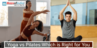 Yoga vs Pilates: Which is Right for You A split-image showing a woman practicing Pilates with an instructor on the left and a man performing a seated yoga pose on the right, with the title “Yoga vs Pilates: Which is Right for You” and the Maps of India logo at the top.
