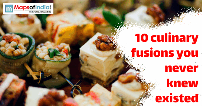 An assortment of gourmet fusion appetizers displayed on a platter with the text ‘10 culinary fusions you never knew existed’ beside them.