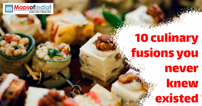 An assortment of gourmet fusion appetizers displayed on a platter with the text ‘10 culinary fusions you never knew existed’ beside them.